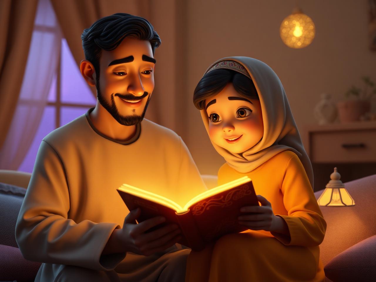 أب وابنته يقرآن كتاب قصة سحرية